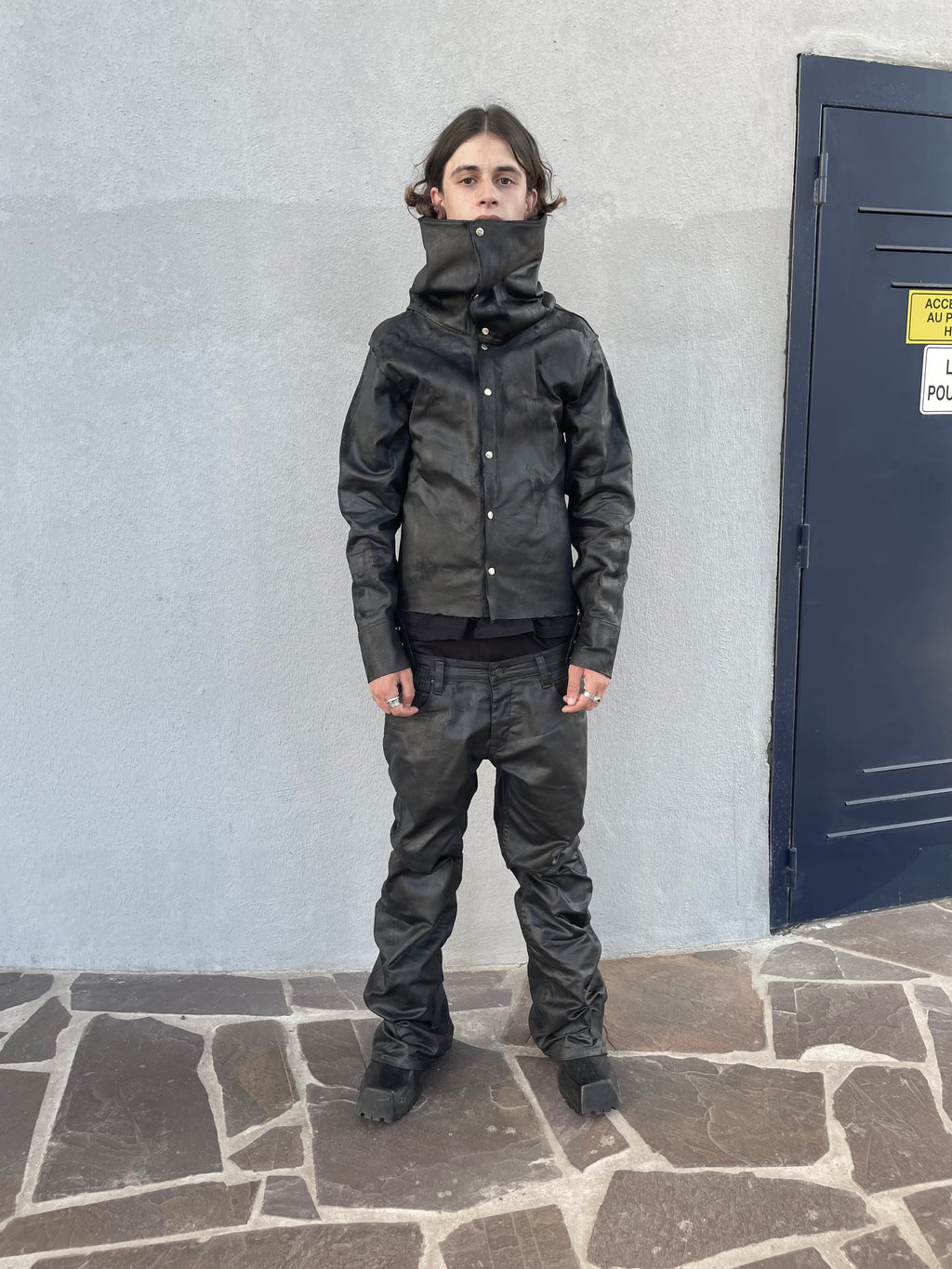 Wax denim jacket with long neck