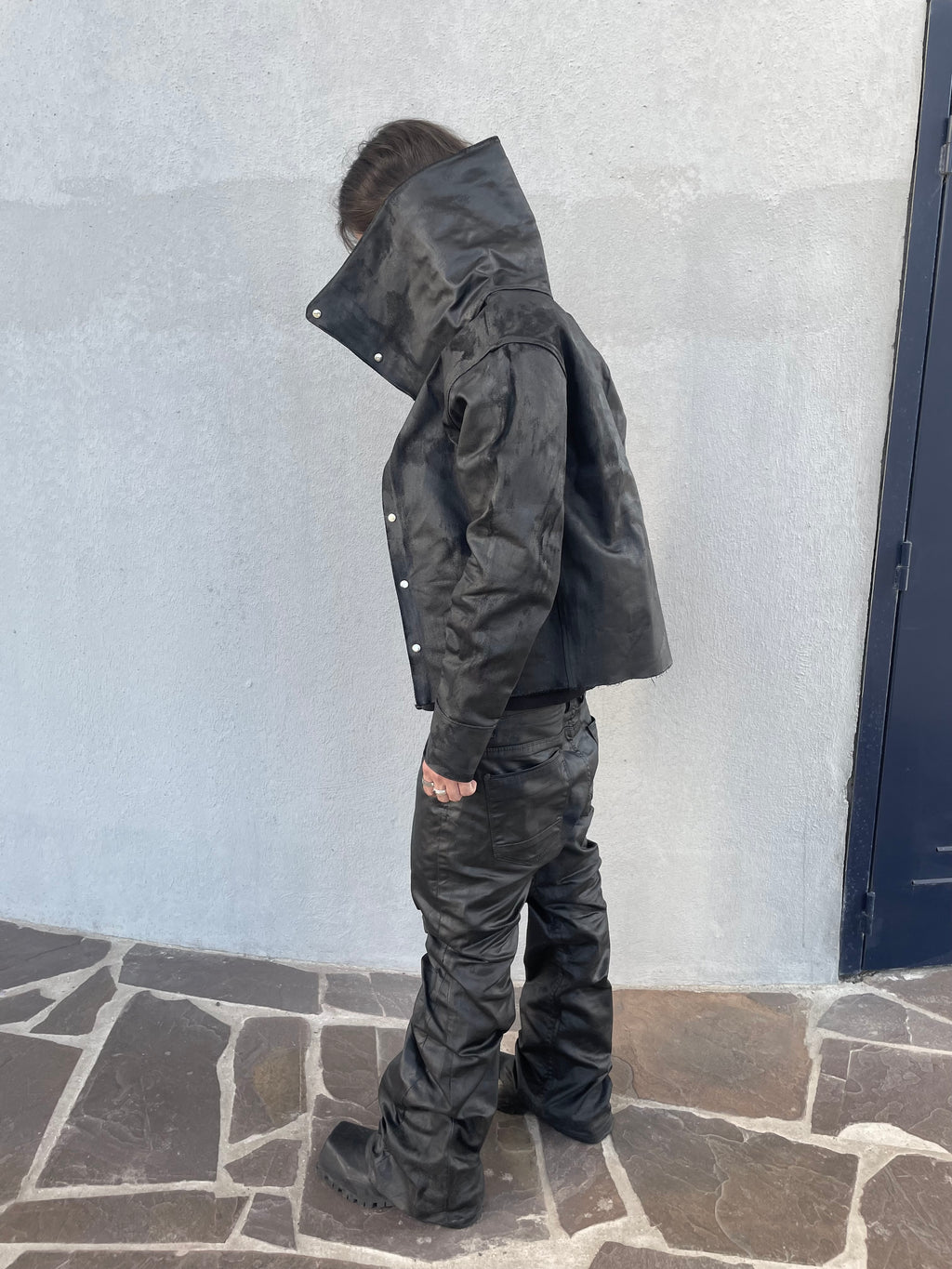 Wax denim jacket with long neck