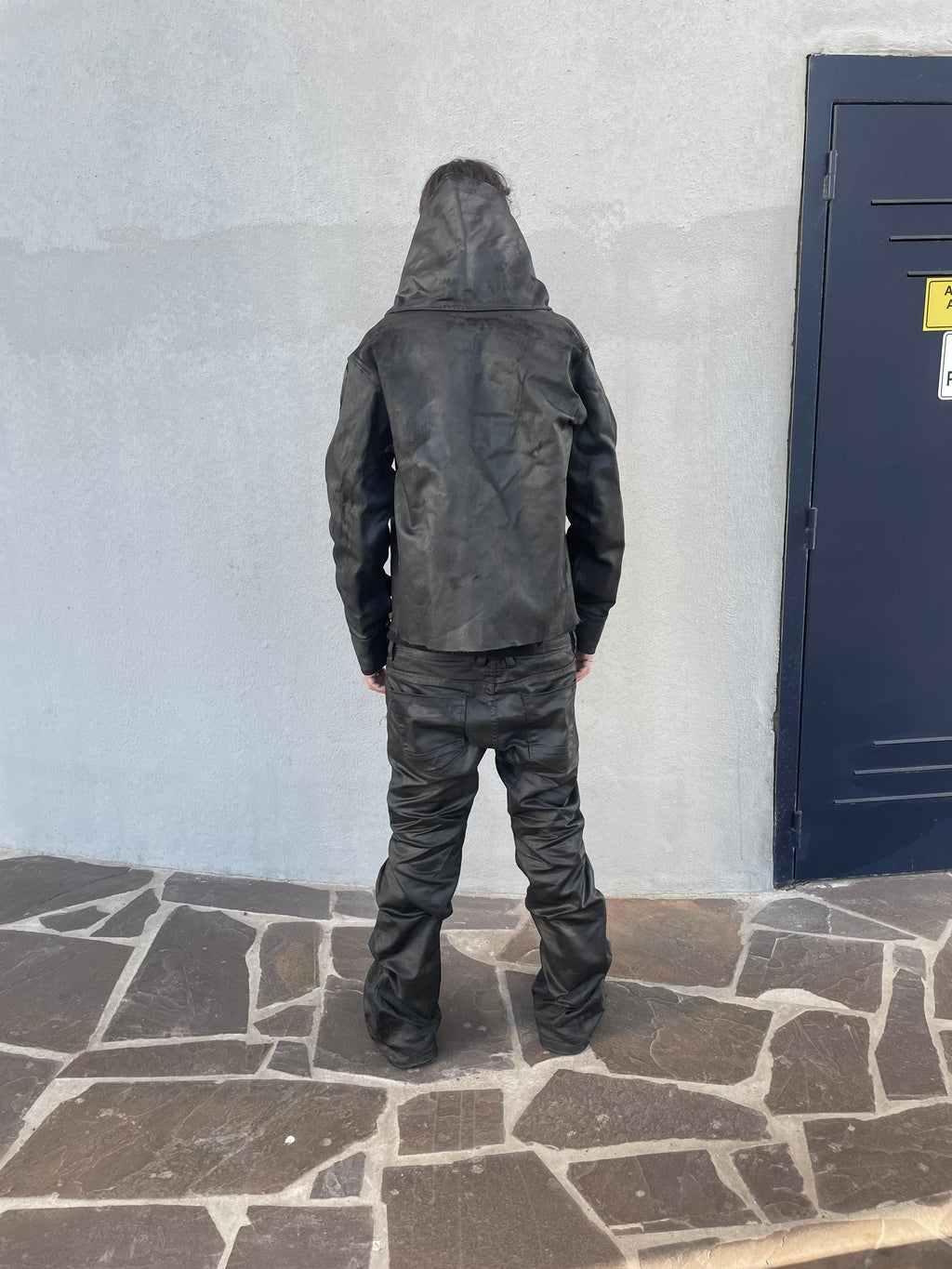 Wax denim jacket with long neck