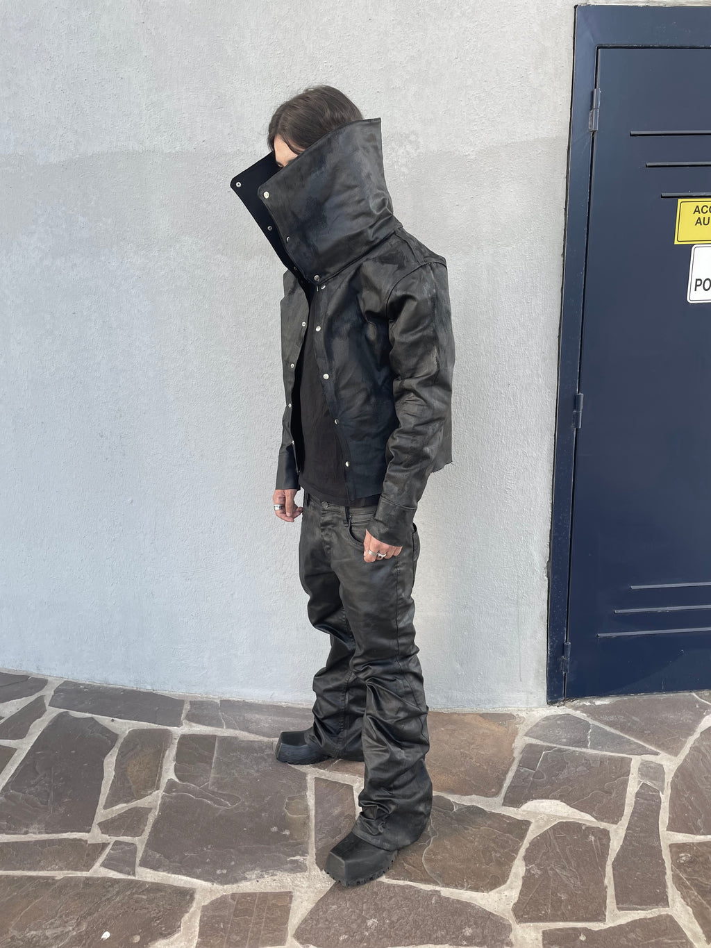 Wax denim jacket with long neck