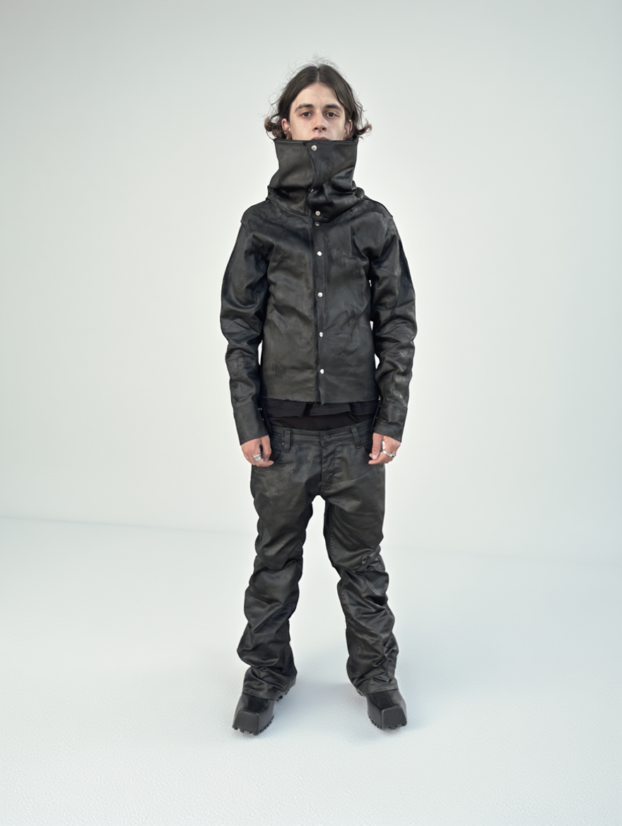 Wax denim jacket with long neck