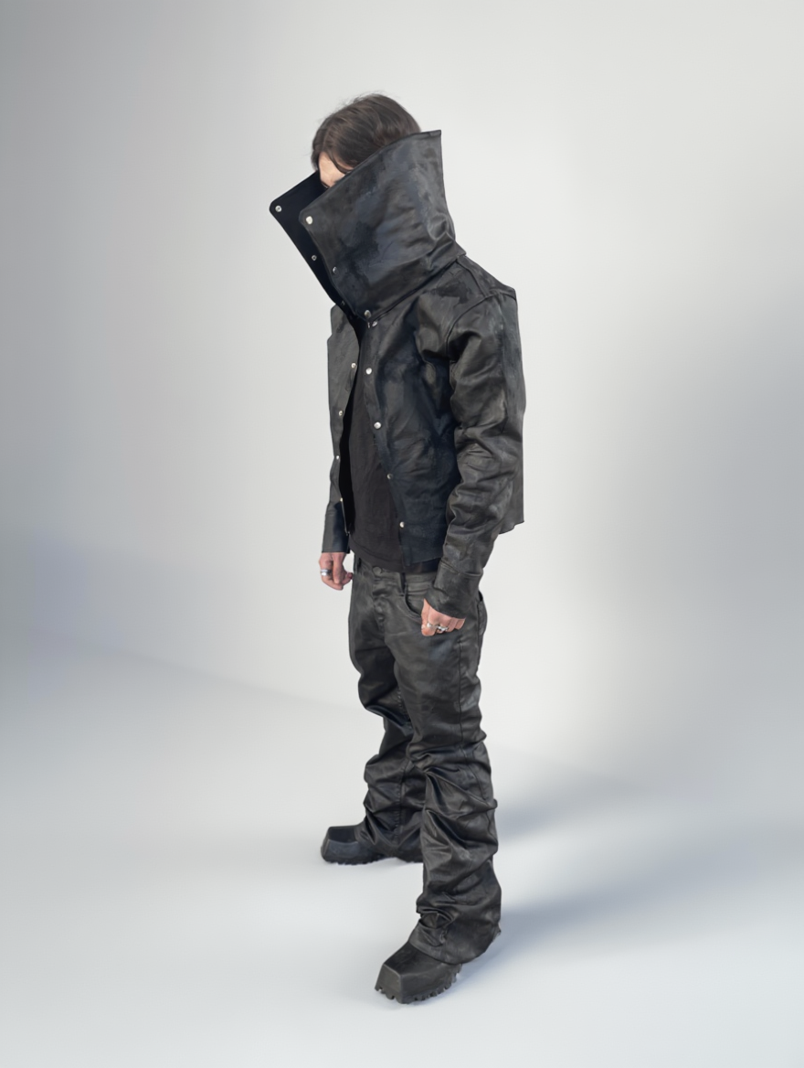 Wax denim jacket with long neck