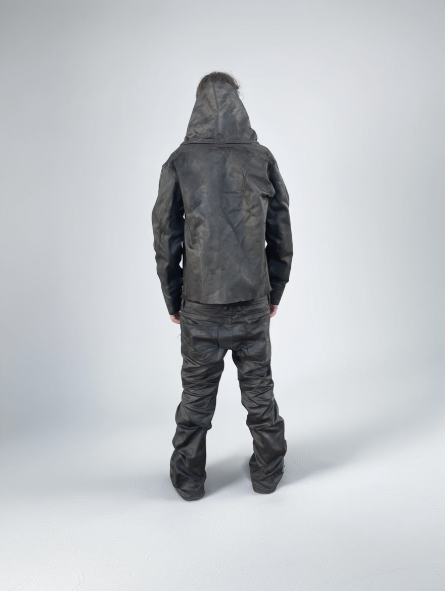 Wax denim jacket with long neck