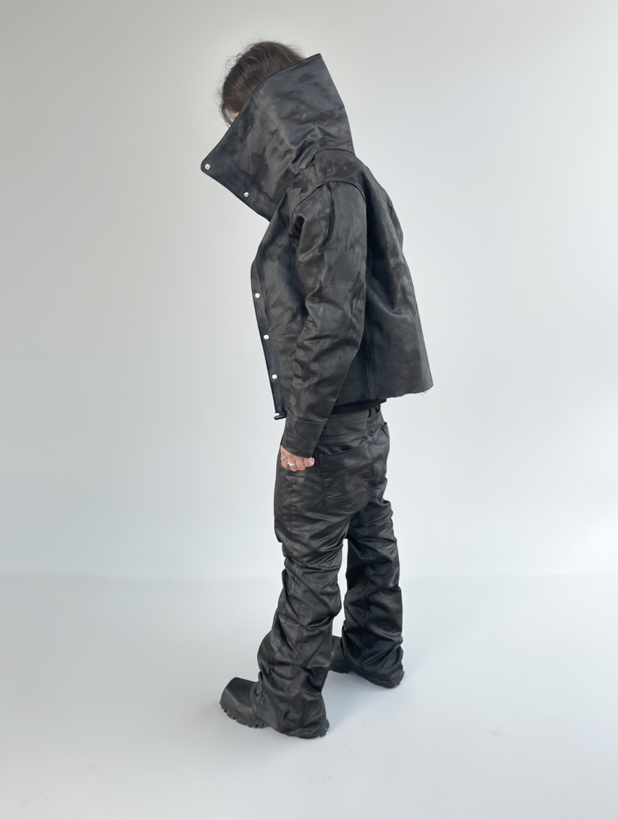 Wax denim jacket with long neck